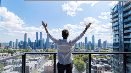 Victorious New Homeowner Celebrating on City Balcony