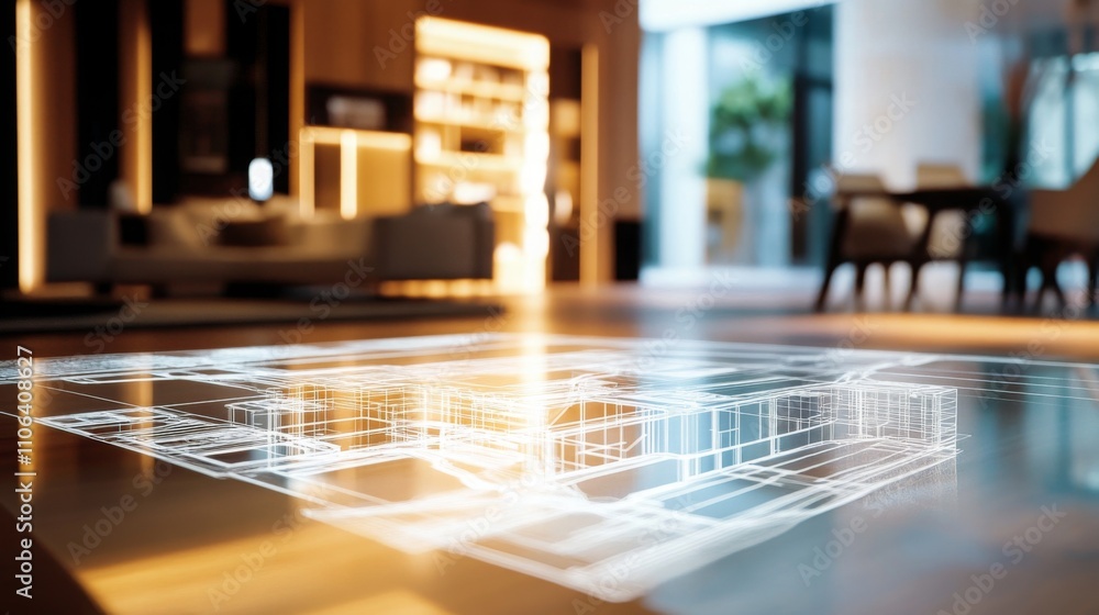 Aufkleber a futuristic design space highlights an ai-generated architectural blueprint projected on the floor.