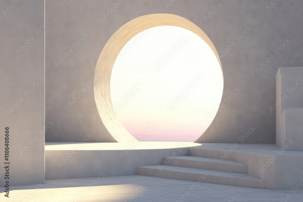 Poster minimalist architectural space with illuminated circular opening and soft shadows