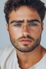 Obraz premium Close Up Portrait of Handsome Man Wearing Stylish Glasses and a Thoughtful Expression
