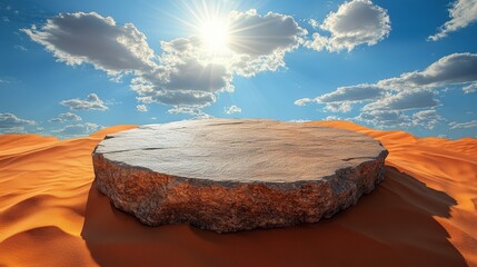 A large, flat rock sits atop a sand dune against a bright blue sky.