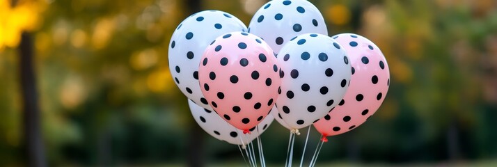 Pink and White Polka Dot Balloons Against a Blurry Autumn Background, Festive Decoration