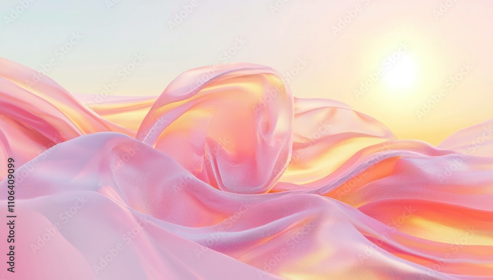 Poster abstract pastel fabric waves with soft light reflecting off the surface, creating an ethereal and dr