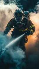 Heroic Firefighter Battling Flames in Dense Smoke with Determination and Skill