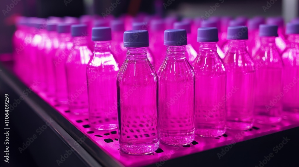 Aufkleber bottles filled with liquid are meticulously arranged on a production line, illuminated by striking p