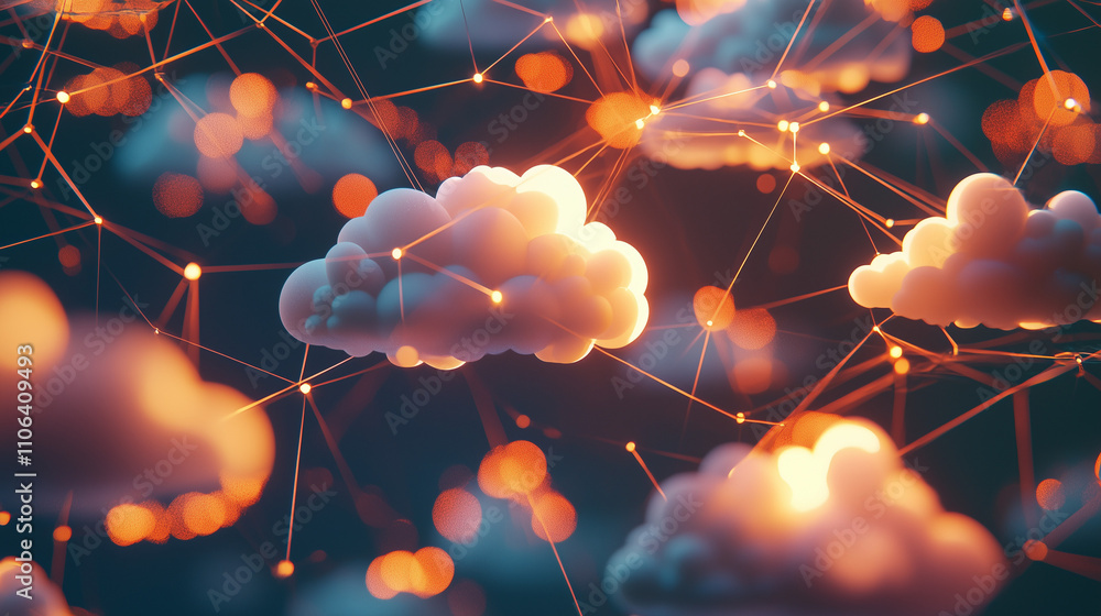 Poster abstract image depicting interconnected clouds representing cloud computing, data storage, and netwo