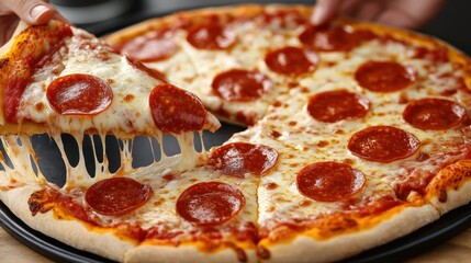 Delicious Pepperoni Pizza Slice Being Lifted, Showing Melted Cheese and Savory Toppings
