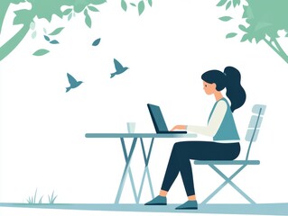 Woman Enjoying Outdoor Workspace Underneath Lush Trees with Birds Flying Nearby