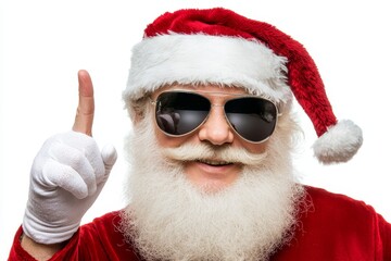 In a red suit and glasses, Santa Claus, bearded and buff, demonstrates his biceps and a pose that signifies strength.
