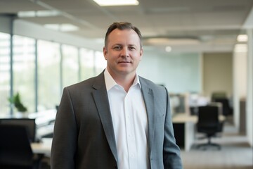 A professional male sales executive stands in the foreground