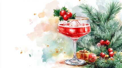 watercolor christmas cocktail in coupe glass from the left side and copy space, greeting card retro style, cozy festive vibes 