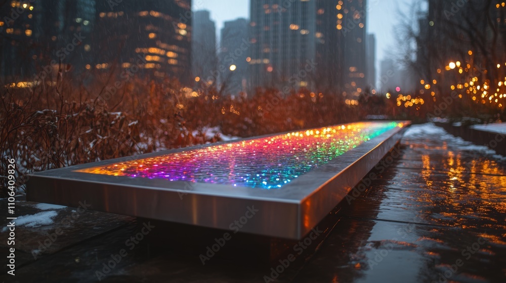 Poster a long rectangular fountain with colorful lights embedded in the surface. the fountain is in a park 