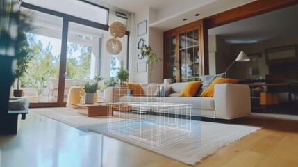 In a contemporary living room, artificial intelligence overlays a 3D model of furniture on the hardwood floor. Bright natural light from large windows illuminates the space filled with greenery.
