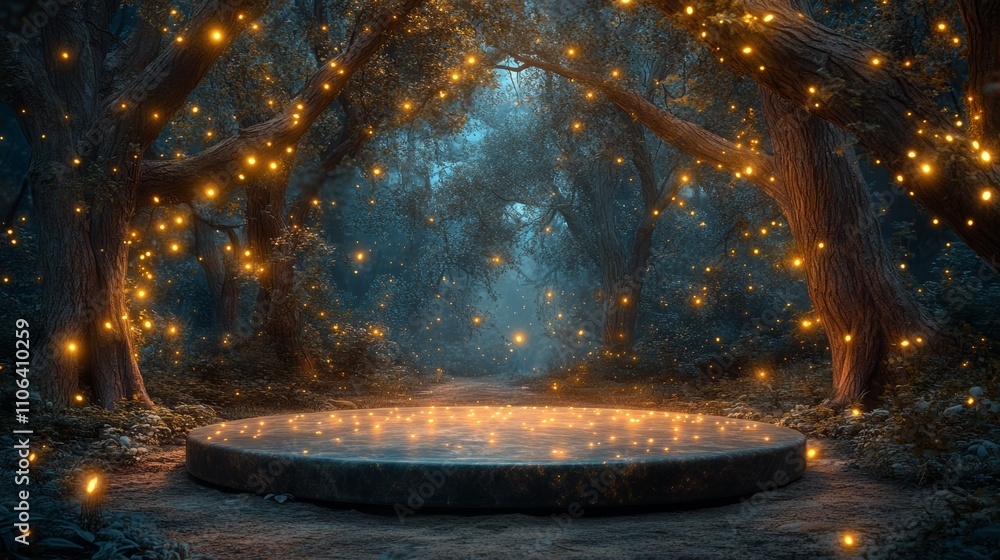 Poster a magical forest setting with a round platform illuminated by glowing lights hanging from the trees.