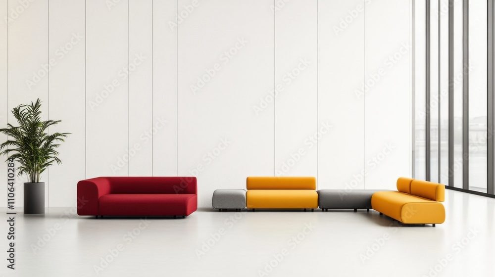 Poster modern minimalist lounge with colorful modular seating and floor-to-ceiling windows