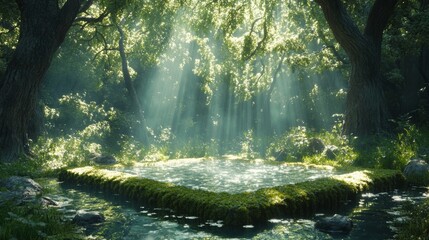 A magical clearing in a lush green forest with sunlight streaming through the canopy, illuminating a small pool of water.
