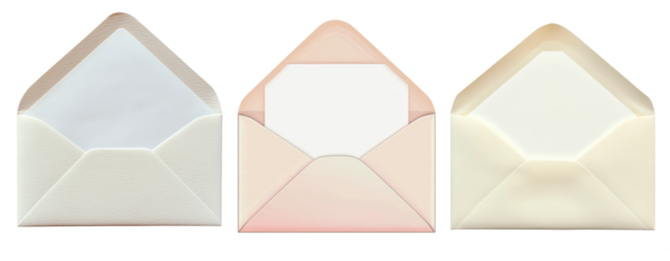 Open paper envelope with white sheet, isolated on  transparent background. Envelope mockup