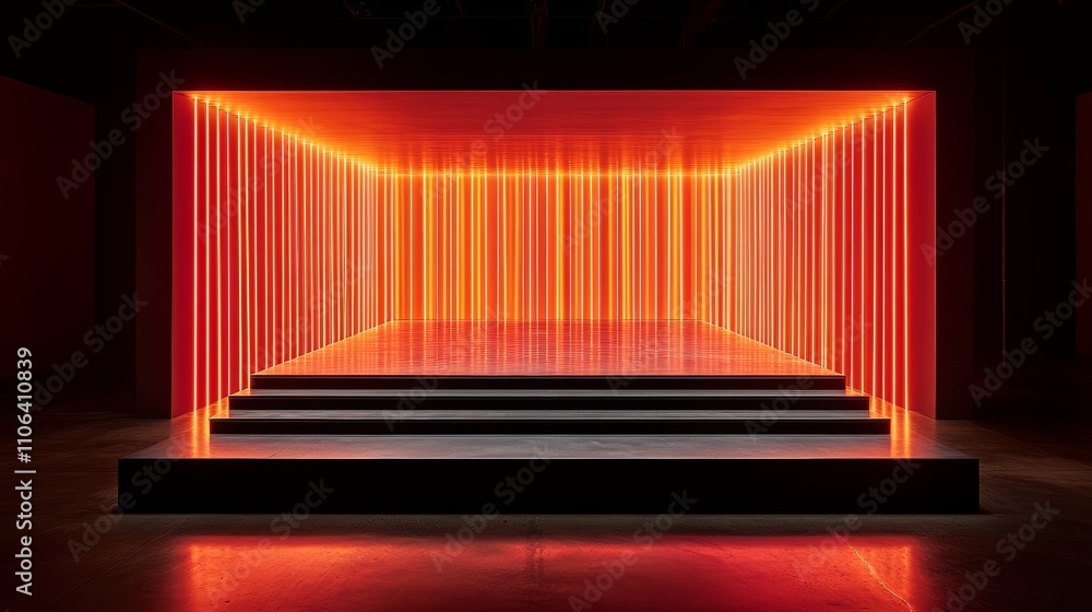 Poster a minimal stage with three steps and red neon light illuminating the walls in a dark room.