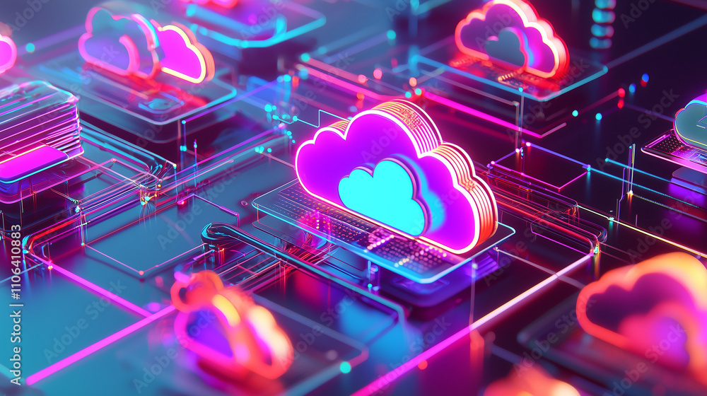 Poster abstract image depicting a network of glowing cloud icons representing data storage, processing, and