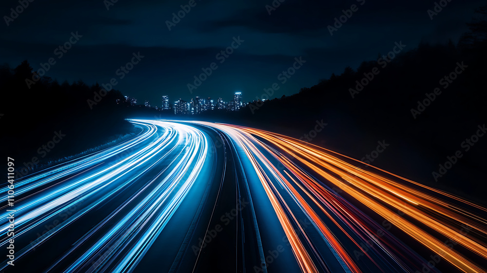 Poster a city skyline at night with light trails from cars driving on the highway creating dynamic lines of