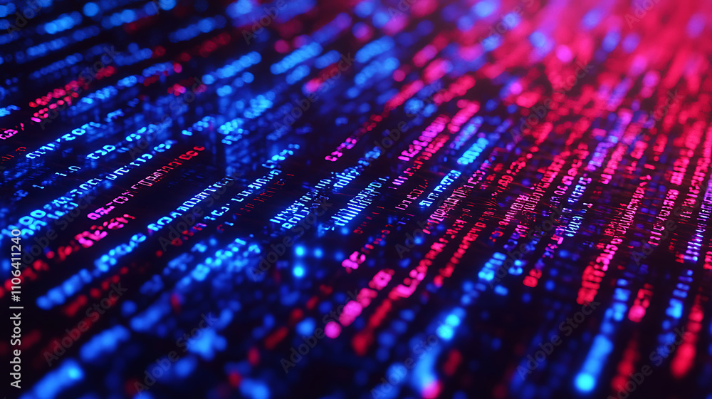 Poster A closeup of digital code on a screen with blue and red lines representing data flow