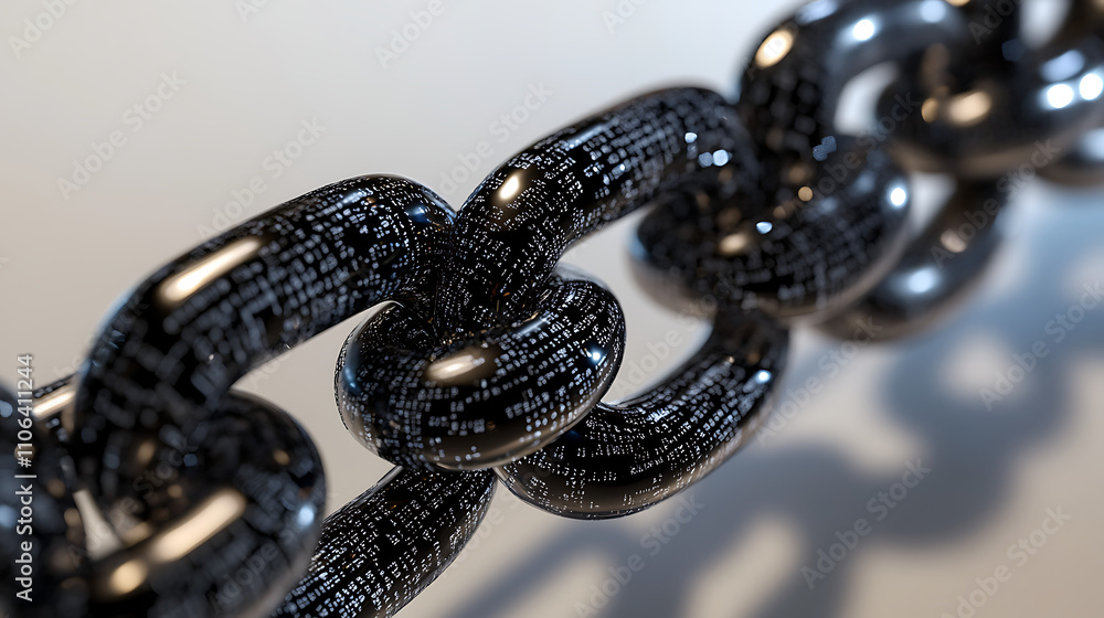 Poster A closeup of the chain with each link made up of binary code representing digital data and its many connections