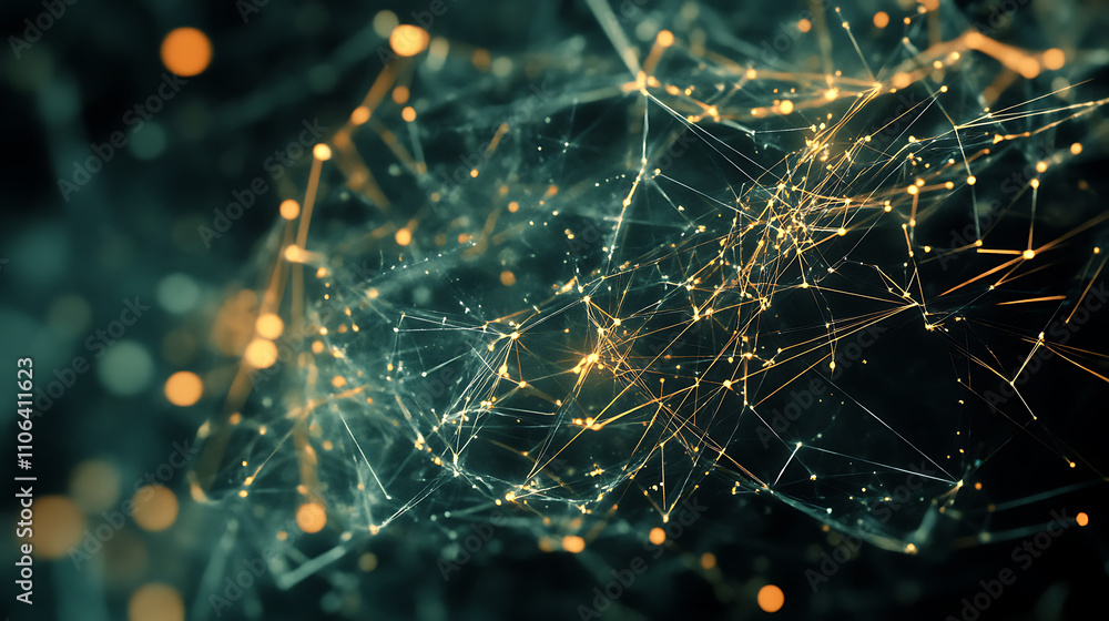 Aufkleber A dynamic digital illustration of interconnected nodes and lines representing the global network