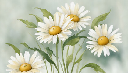 Fototapeta premium Beautiful daisy flowers in watercolor style with soft green background and copy space