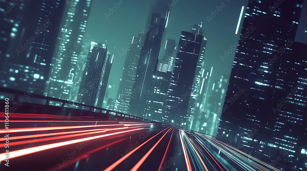 Poster Abstract cityscape background with blurred light trails on a highway symbolizing speed and technology in urban life