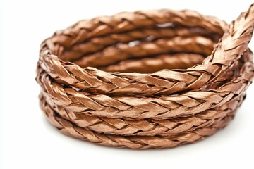 Obraz premium Bronze braided cord coiled on white.
