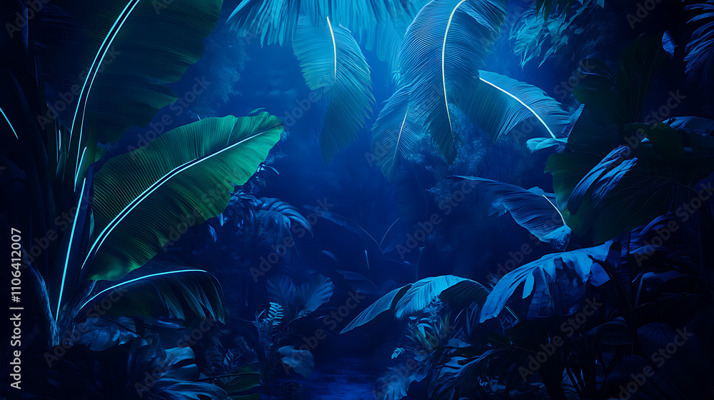 Poster abstract dark blue light in the forest with neon outlines of banana tree leafs