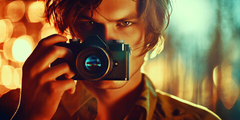 Young caucasian male photographer capturing vibrant bokeh in artistic setting
