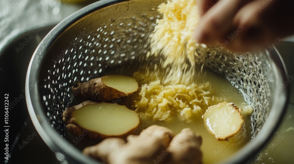 Aufkleber fresh ginger roots are being grated into a colander. the vibrant juice collects below, highlighting 