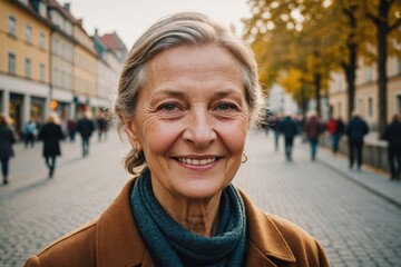 Fototapeta premium Close portrait of a smiling senior Slovak woman looking at the camera, Slovak city outdoors blurred background