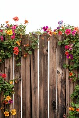 Fototapeta premium Colorful flowers bloom on weathered wooden fence.