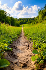 Naklejka premium A dirt path in the middle of a grassy field