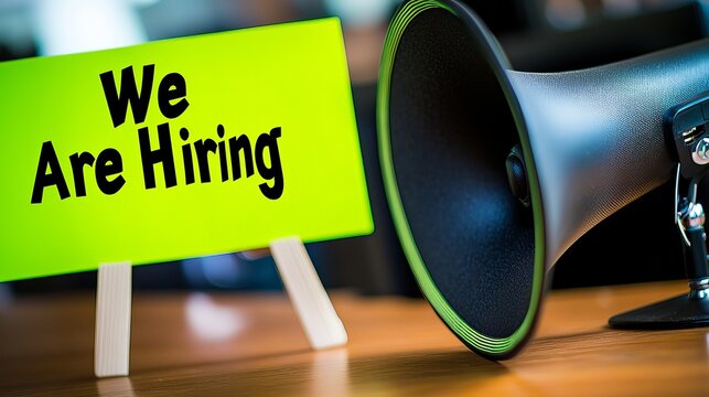 A vibrant green sign reading 'We Are Hiring' next to a black megaphone, conveying a message of job opportunities. - Powered by Adobe