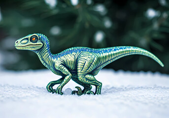 Fototapeta premium Toy Green Dinosaur in the snow with pine tree in background. 