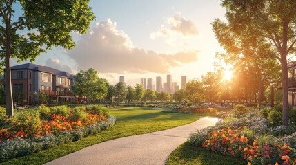Fototapeta premium A picturesque pathway winds through a lush park, with vibrant flowers, green grass, and a stunning city skyline in the distance. The sun shines brightly in the sky, casting a warm glow on the scene.