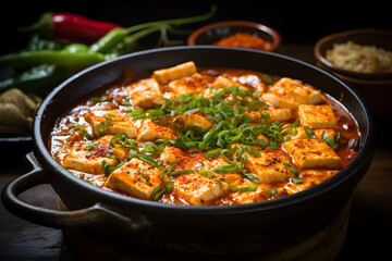 Spicy Mapo Tofu with Green Onion Garnish in Savory Sauce