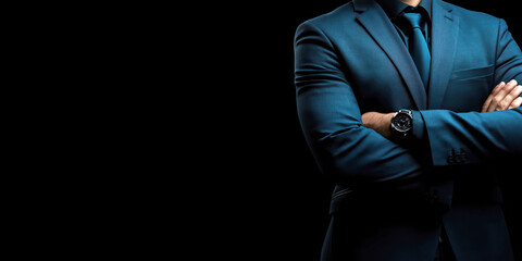 Confident young male in blue suit against dark background