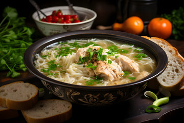 Homemade Chicken Noodle Soup with Fresh Herbs and Rustic Bread