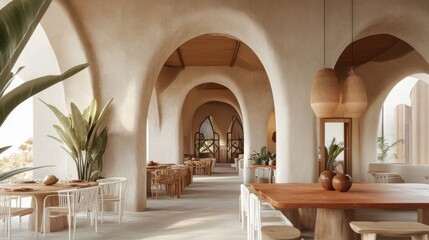 Sunlit arched restaurant interior with wooden tables and chairs.