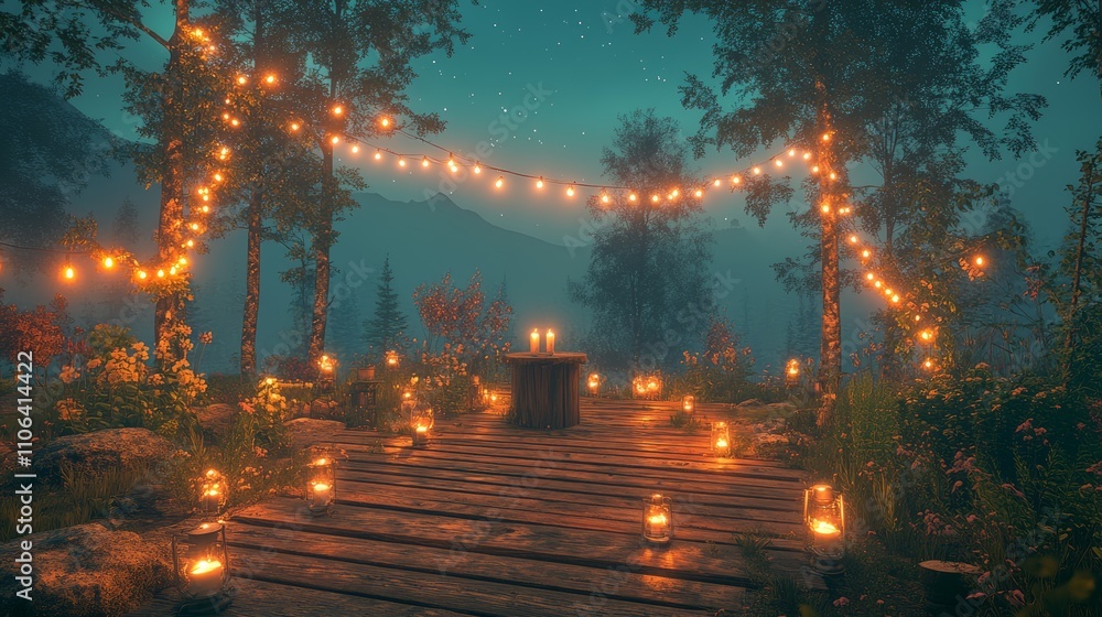 Poster a romantic candlelit path leads to a wooden table with candles and a string of lights in a foggy for