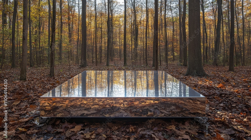 Poster a reflective surface in the middle of a forest with autumn leaves reflecting in it.