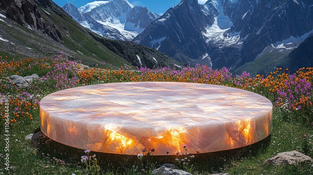 Poster a round glowing platform sits on a field of flowers with mountains in the background.