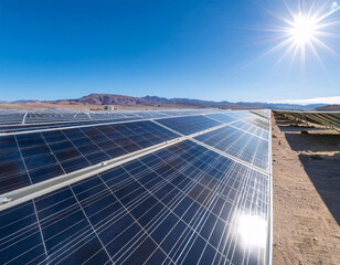 Solar panels in a desert landscape with a bright sun shining overhead