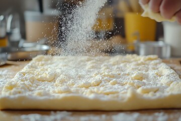 An enticing moment captures the action of sprinkling flour on rolled-out pastry dough, adding a touch of artistry and care in a cozy baking environment at home.