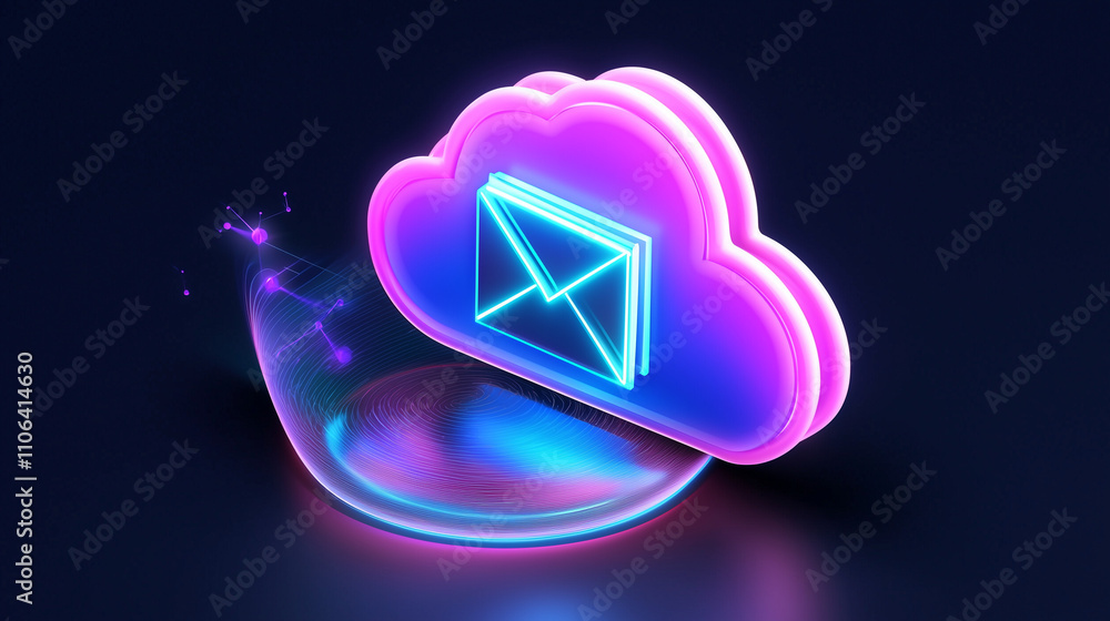 Poster a vibrant neonlit cloud icon houses an email symbol, representing secure cloudbased email storage an