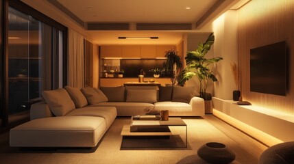 Modern Living Room with Warm Lighting and Minimalist Decor